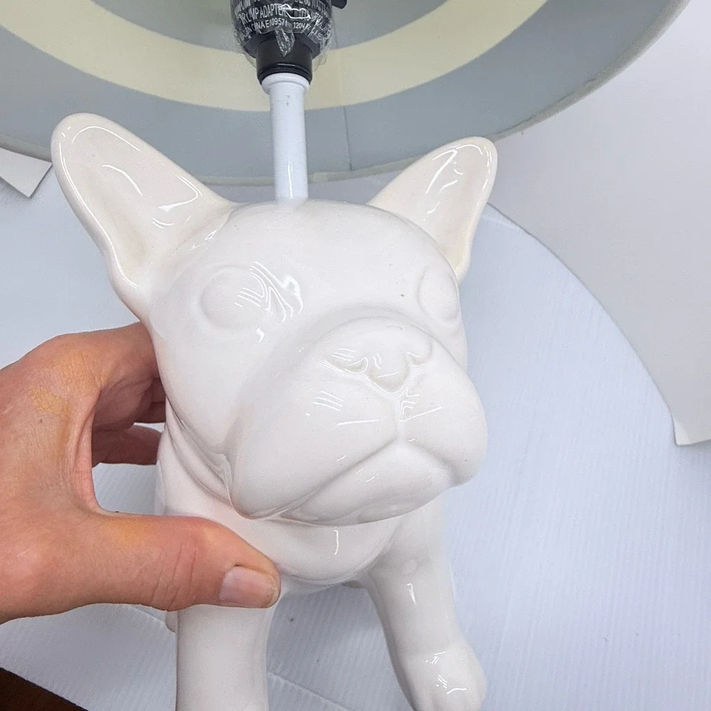 French Bulldog Table Lamp White Ceramic Dog Blue White Striped Shade 15